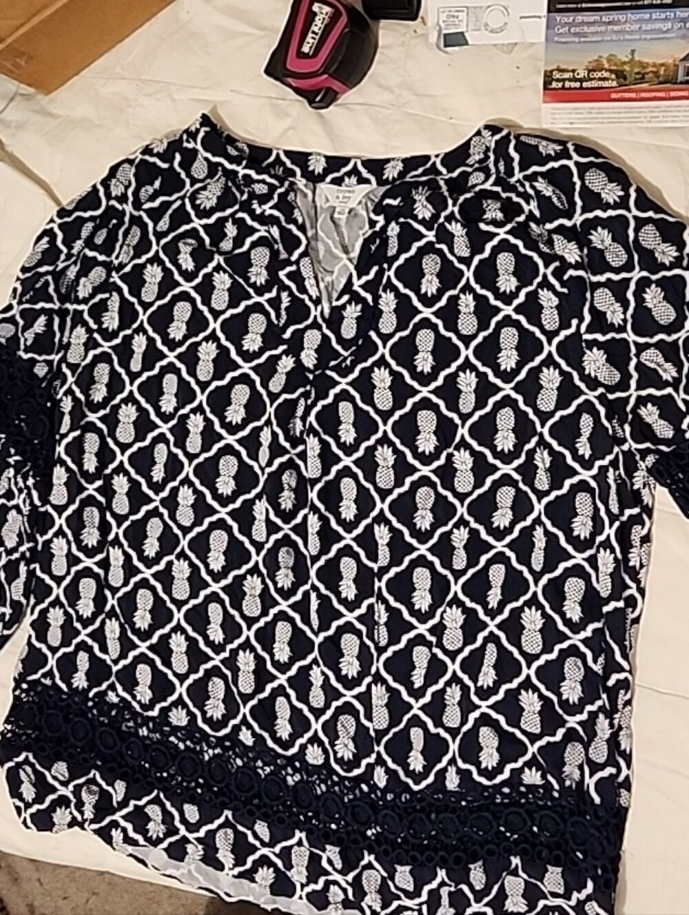 Crown & Ivy Navy and White Pineapple Printed Blouse 1x